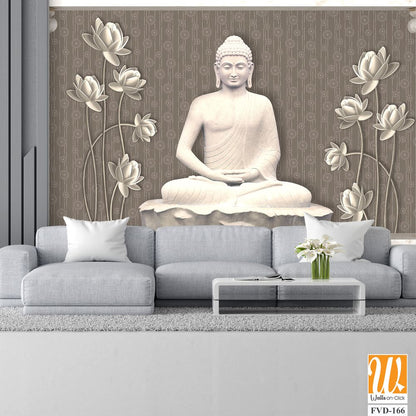 3D wallpaper featuring a grey and white stone Buddha [WP-FVD-166]