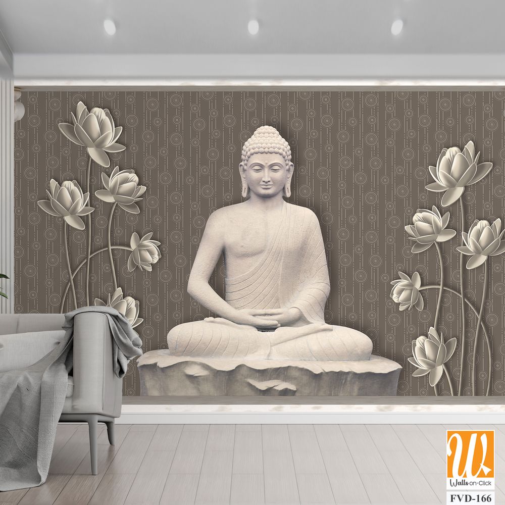 3D wallpaper featuring a grey and white stone Buddha [WP-FVD-166]