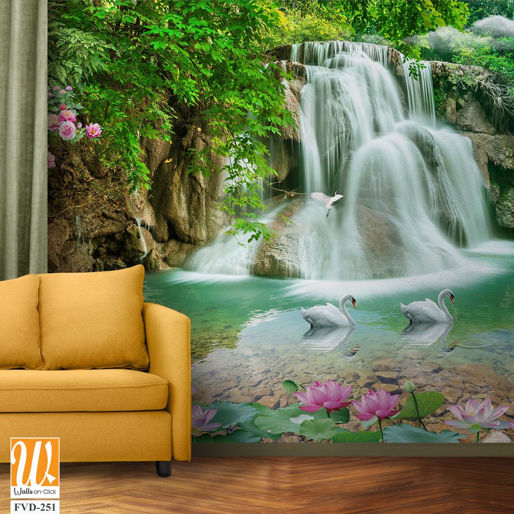 3D wallpaper featuring waterfalls and lotuses in a pond [WP-FVD-251]
