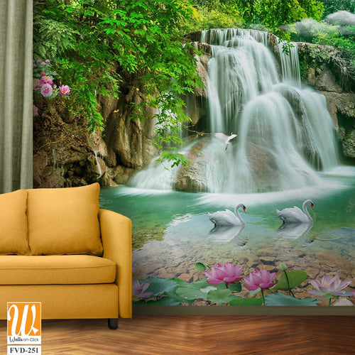 3D wallpaper featuring waterfalls and lotuses in a pond [WP-FVD-251]