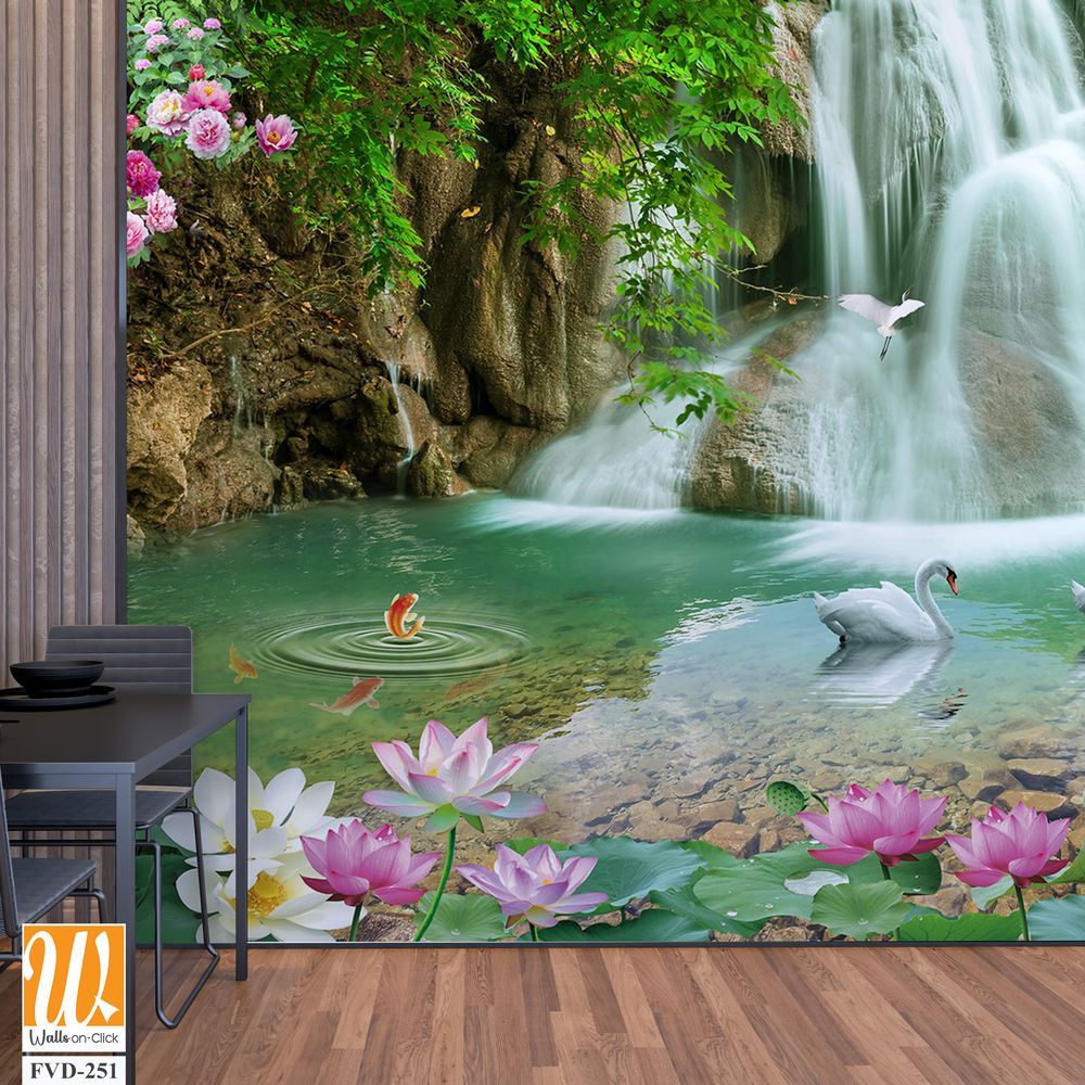 3D wallpaper featuring waterfalls and lotuses in a pond [WP-FVD-251]