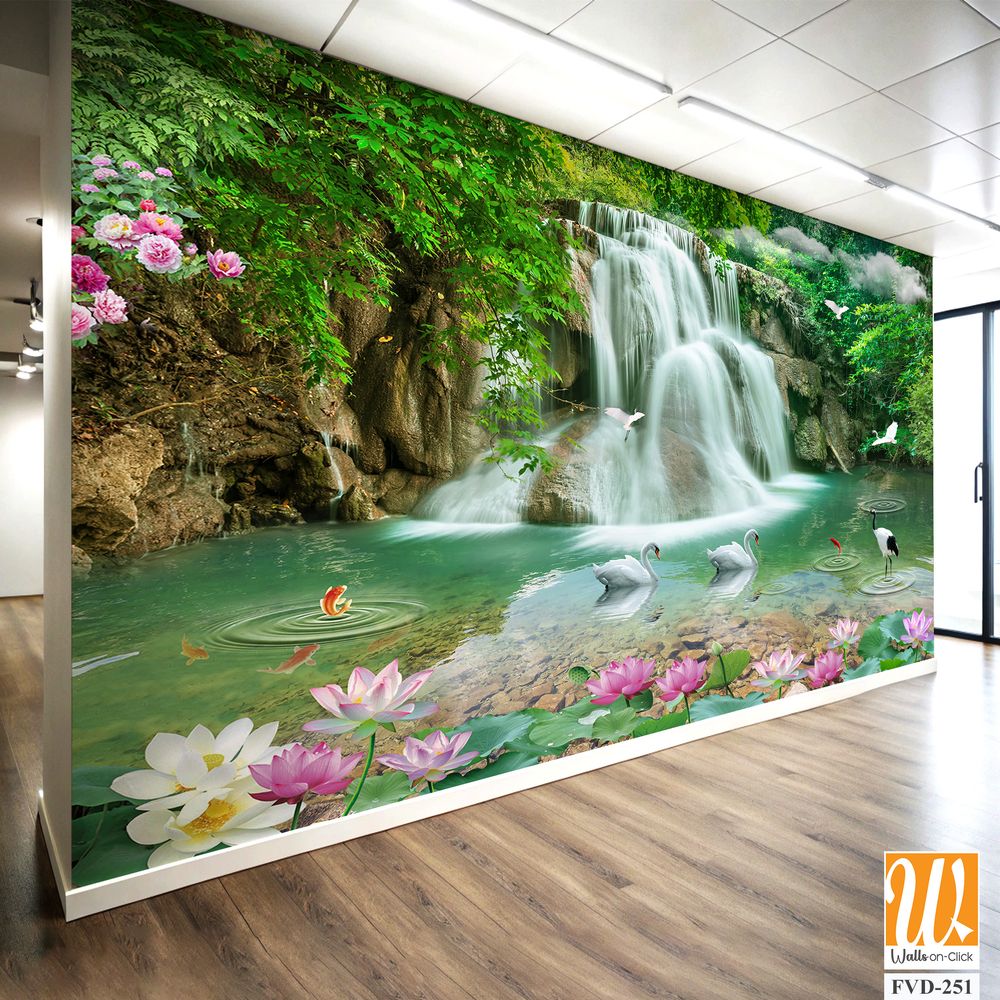 3D wallpaper featuring waterfalls and lotuses in a pond [WP-FVD-251]