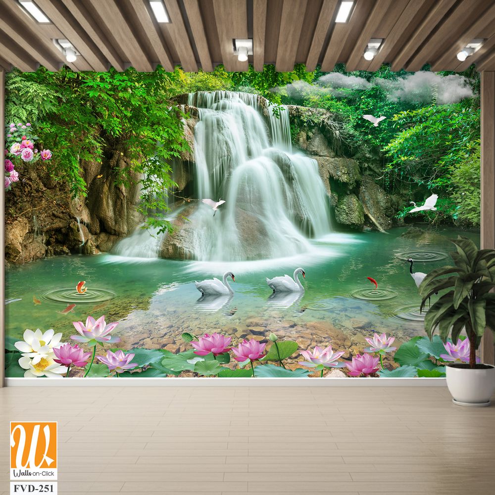 3D wallpaper featuring waterfalls and lotuses in a pond [WP-FVD-251]