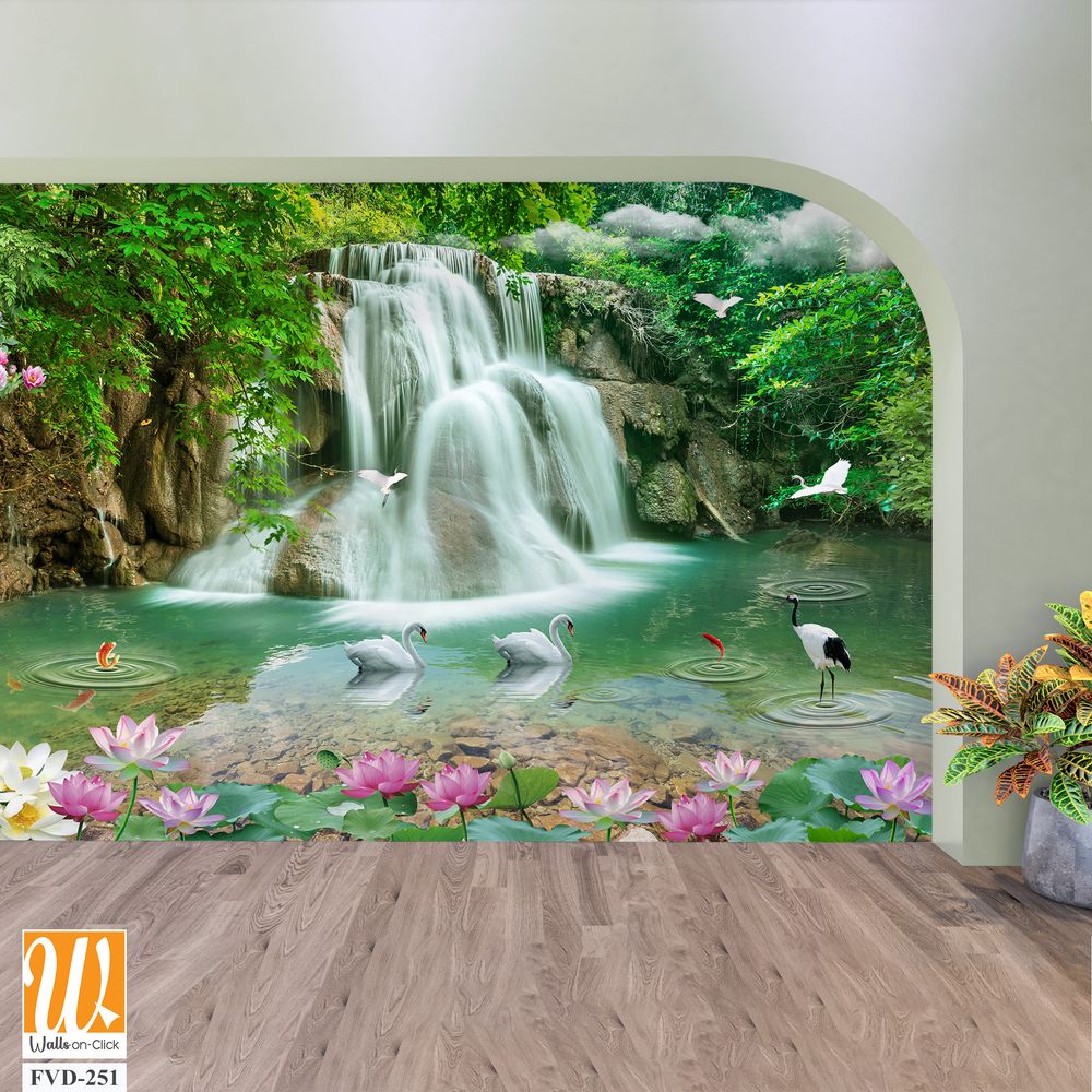 3D wallpaper featuring waterfalls and lotuses in a pond [WP-FVD-251]