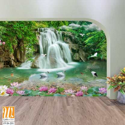 3D wallpaper featuring waterfalls and lotuses in a pond [WP-FVD-251]
