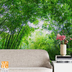 Large bamboo forest with green grass, white doves flying [WP-FVD-254]