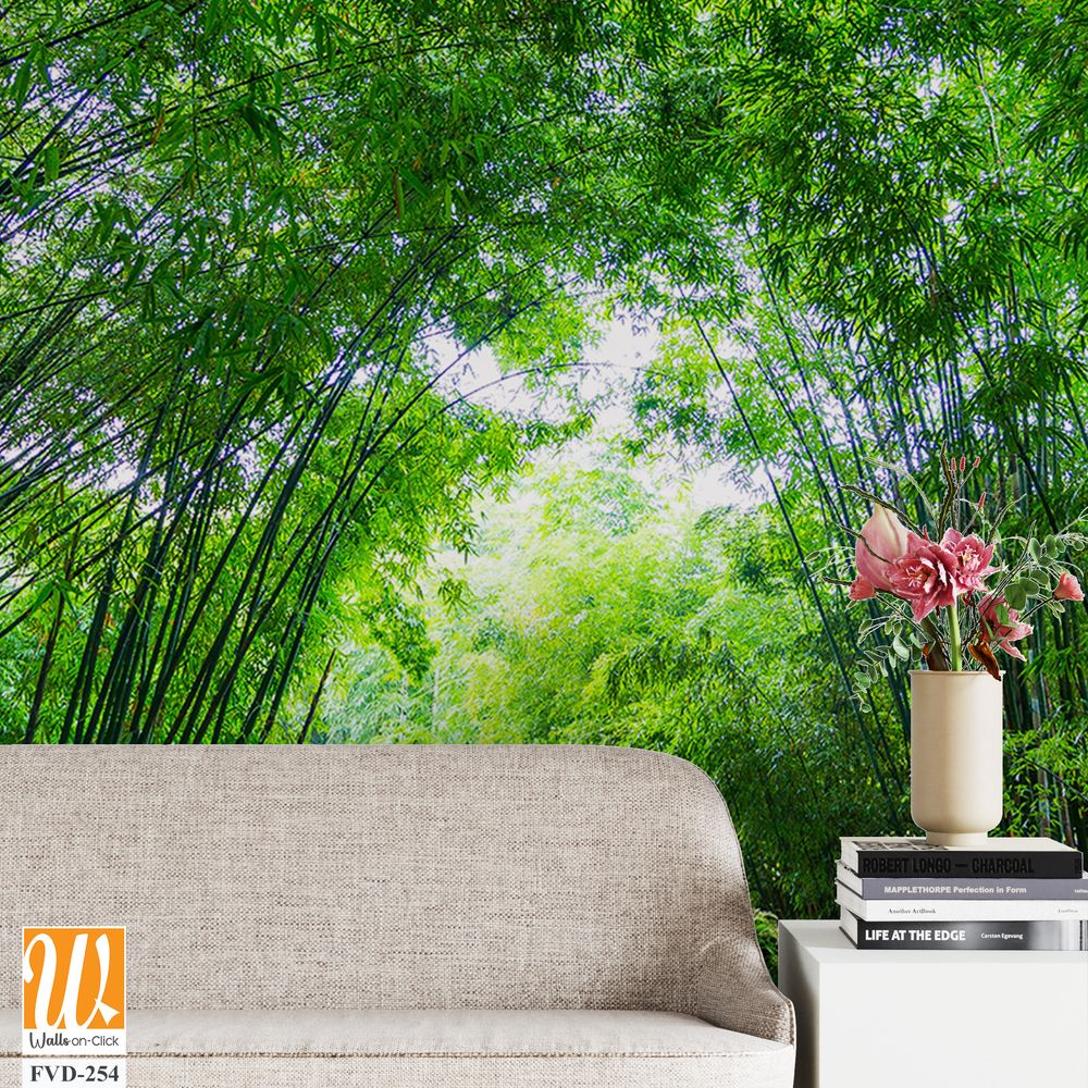 Large bamboo forest with green grass, white doves flying [WP-FVD-254]