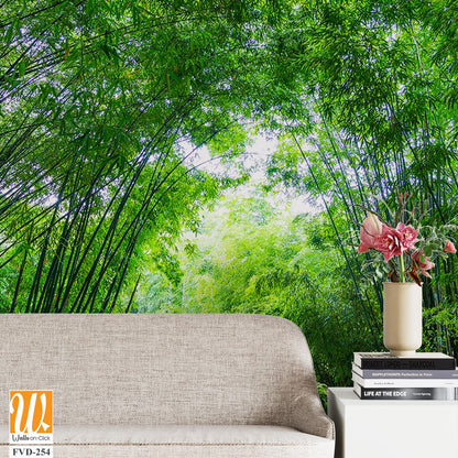 Large bamboo forest with green grass, white doves flying [WP-FVD-254]
