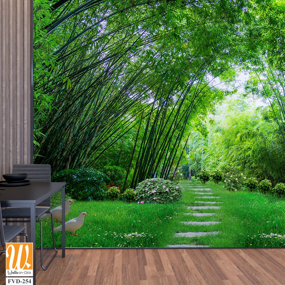 Large bamboo forest with green grass, white doves flying [WP-FVD-254]