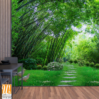 Large bamboo forest with green grass, white doves flying [WP-FVD-254]