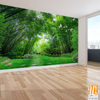 Large bamboo forest with green grass, white doves flying [WP-FVD-254]