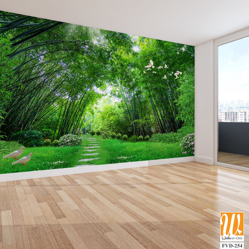 Large bamboo forest with green grass, white doves flying [WP-FVD-254]