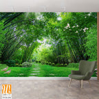Large bamboo forest with green grass, white doves flying [WP-FVD-254]