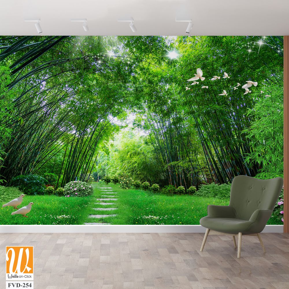 Large bamboo forest with green grass, white doves flying [WP-FVD-254]