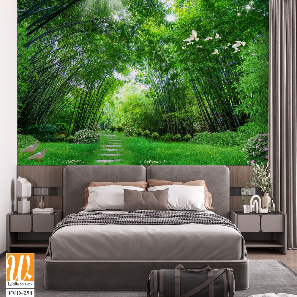 Large bamboo forest with green grass, white doves flying [WP-FVD-254]