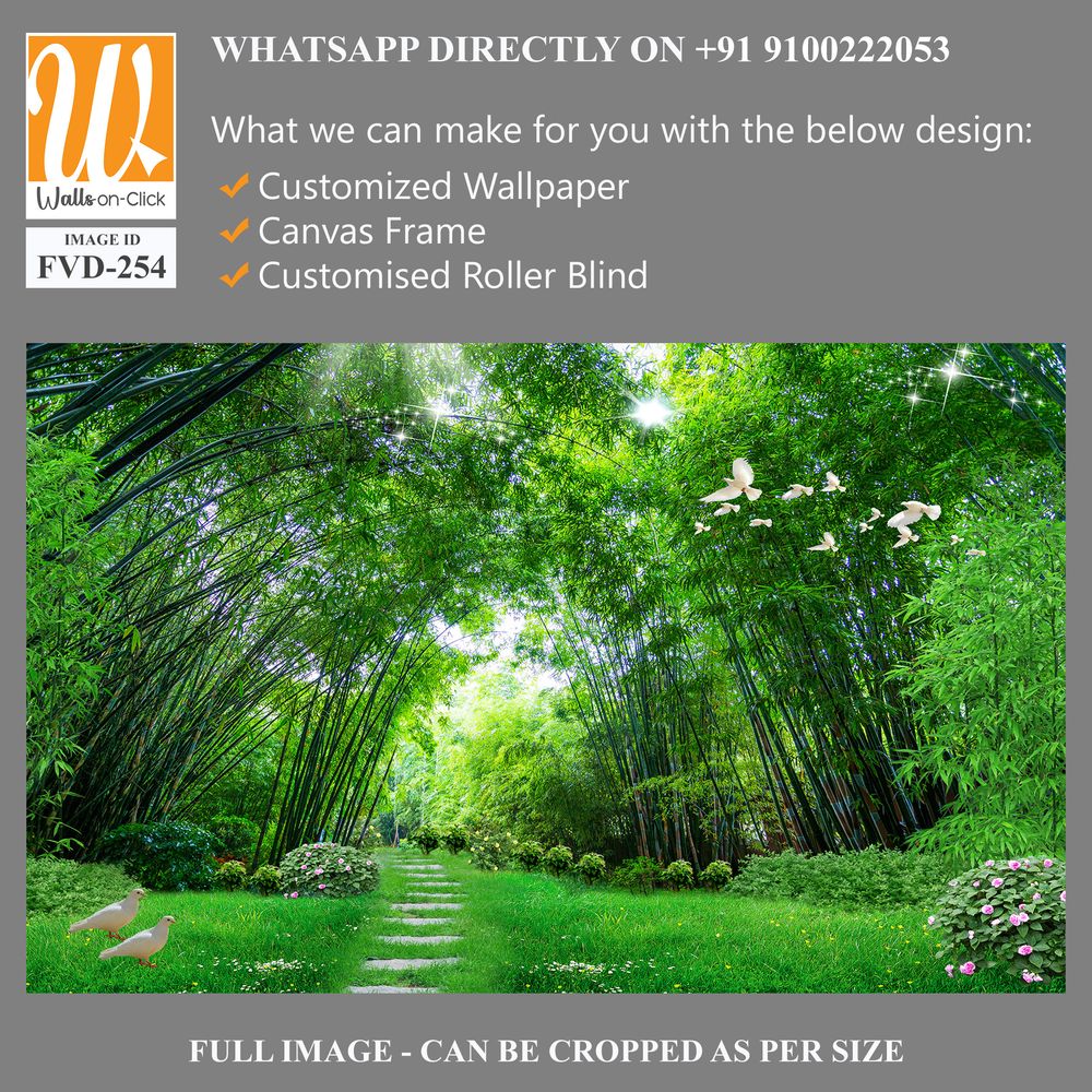 Large bamboo forest with green grass, white doves flying [WP-FVD-254]
