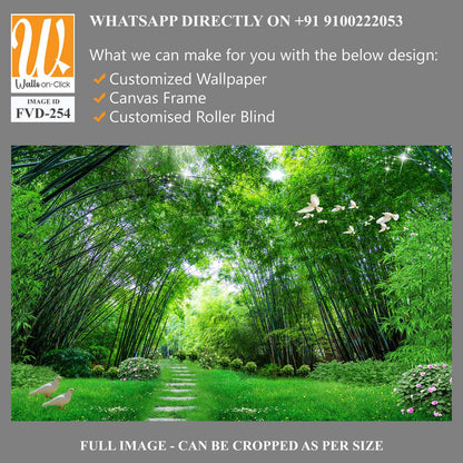 Large bamboo forest with green grass, white doves flying [WP-FVD-254]