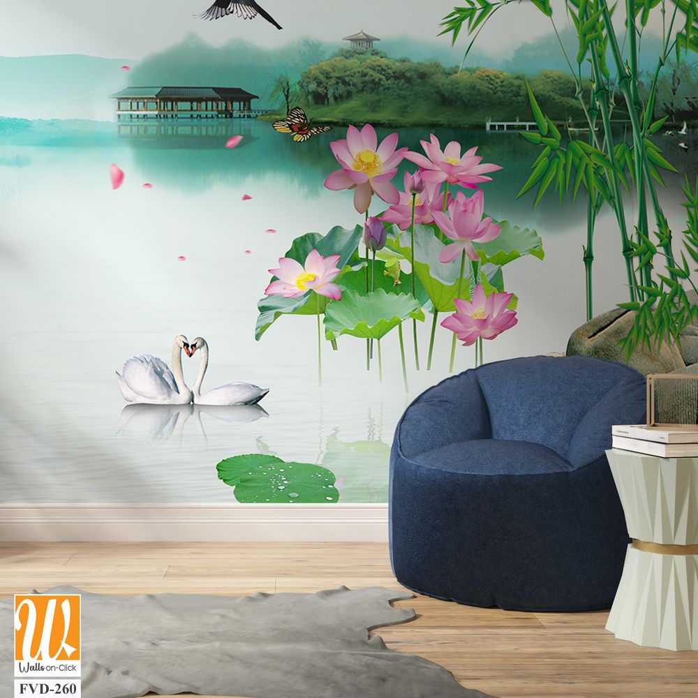 3D wallpaper of a green bamboo forest lake [WP-FVD-260]