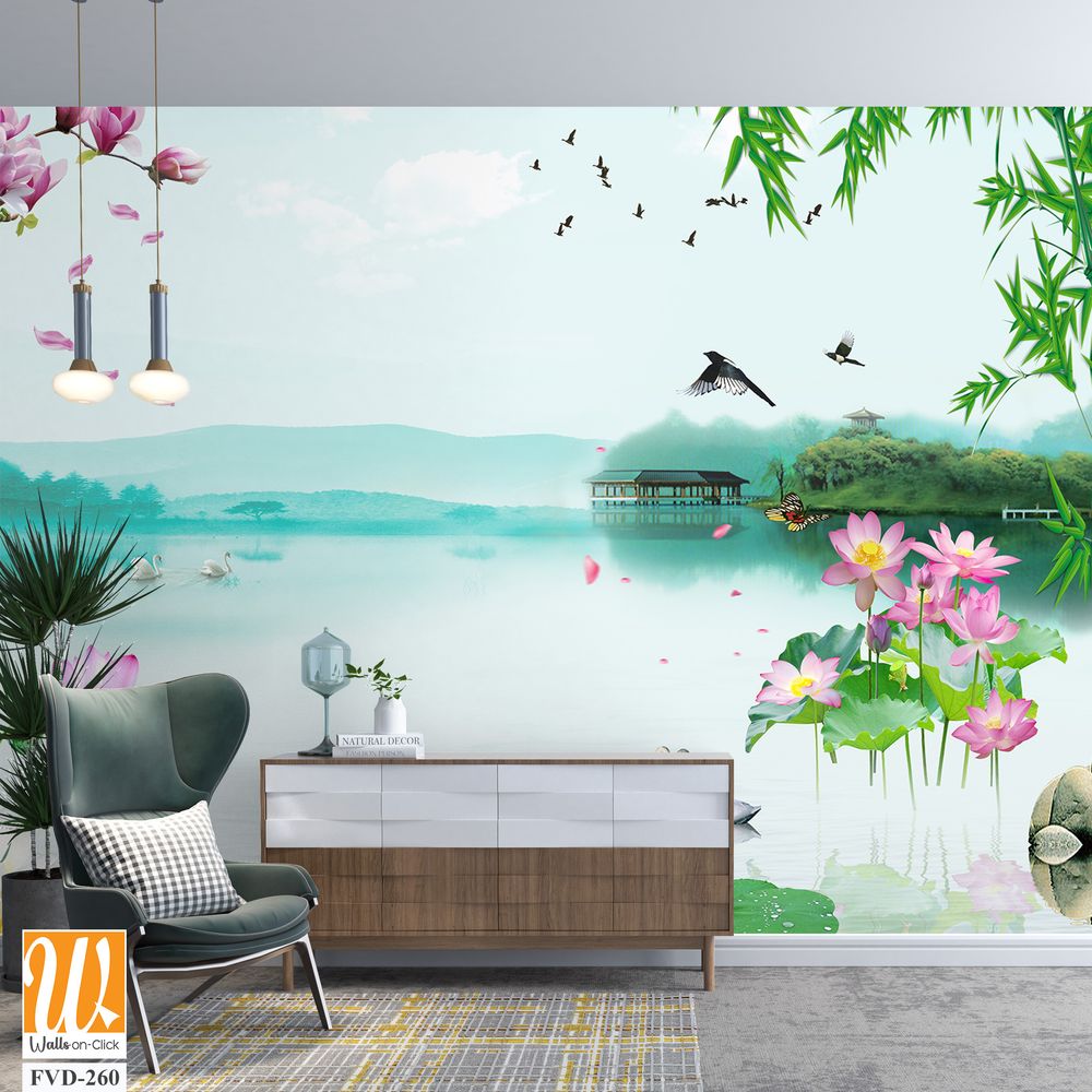 3D wallpaper of a green bamboo forest lake [WP-FVD-260]