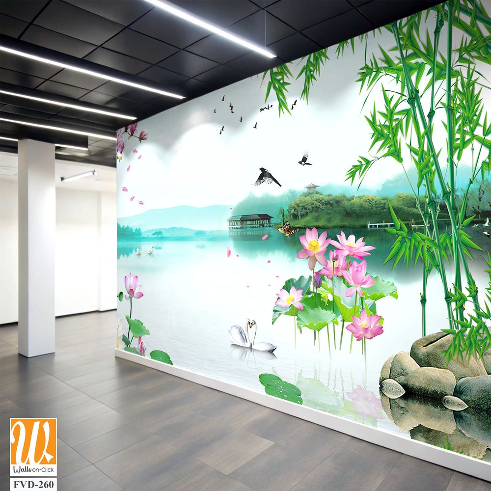 3D wallpaper of a green bamboo forest lake [WP-FVD-260]