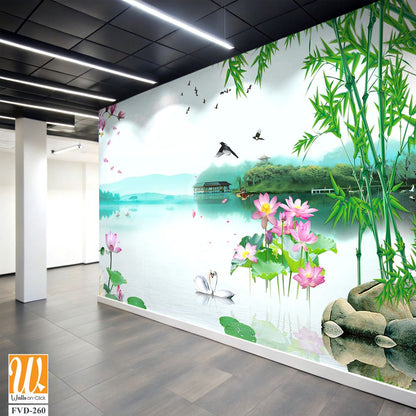 3D wallpaper of a green bamboo forest lake [WP-FVD-260]