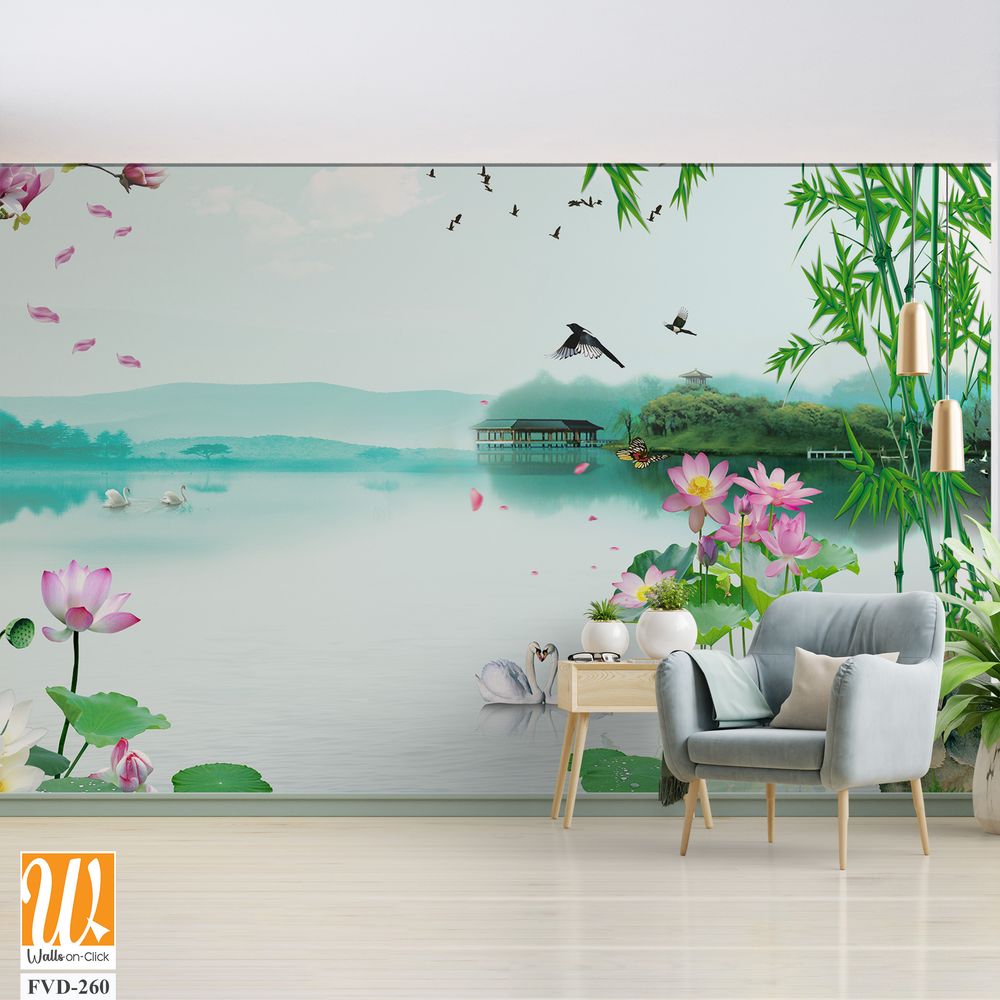 3D wallpaper of a green bamboo forest lake [WP-FVD-260]
