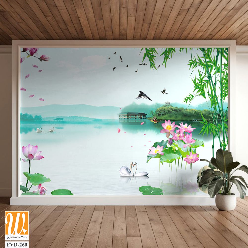 3D wallpaper of a green bamboo forest lake [WP-FVD-260]