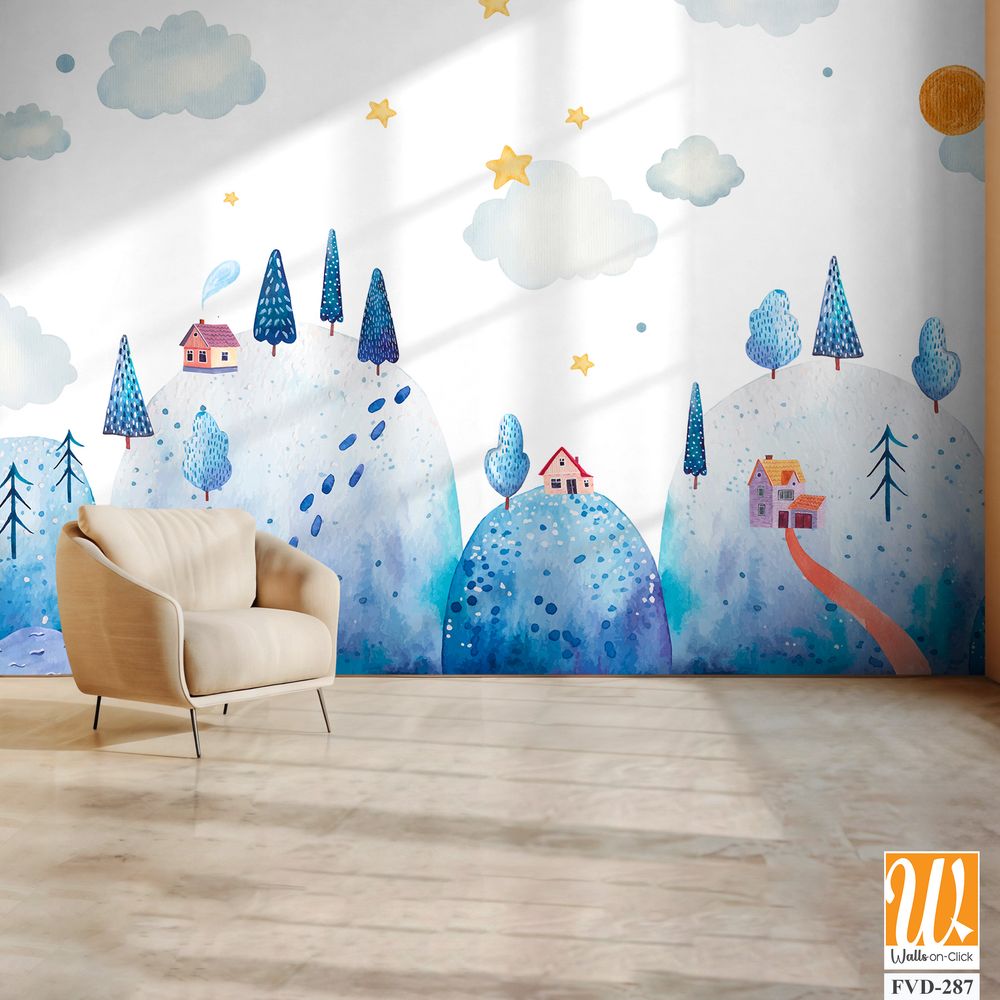 Cute, hand-drawn, blue watercolor winter landscape [WP-FVD-287]