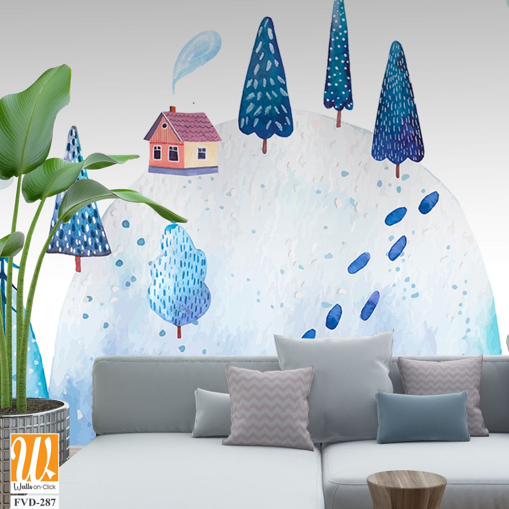 Cute, hand-drawn, blue watercolor winter landscape [WP-FVD-287]