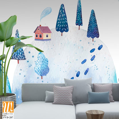 Cute, hand-drawn, blue watercolor winter landscape [WP-FVD-287]