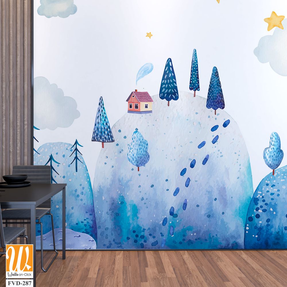 Cute, hand-drawn, blue watercolor winter landscape [WP-FVD-287]