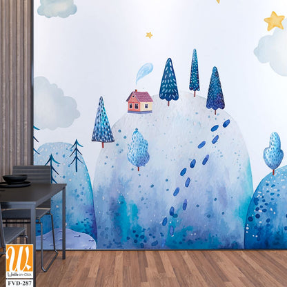 Cute, hand-drawn, blue watercolor winter landscape [WP-FVD-287]