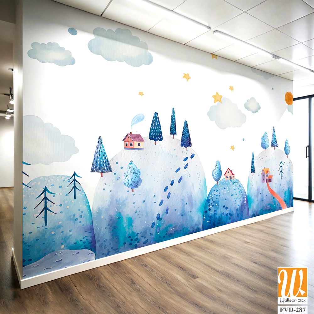 Cute, hand-drawn, blue watercolor winter landscape [WP-FVD-287]