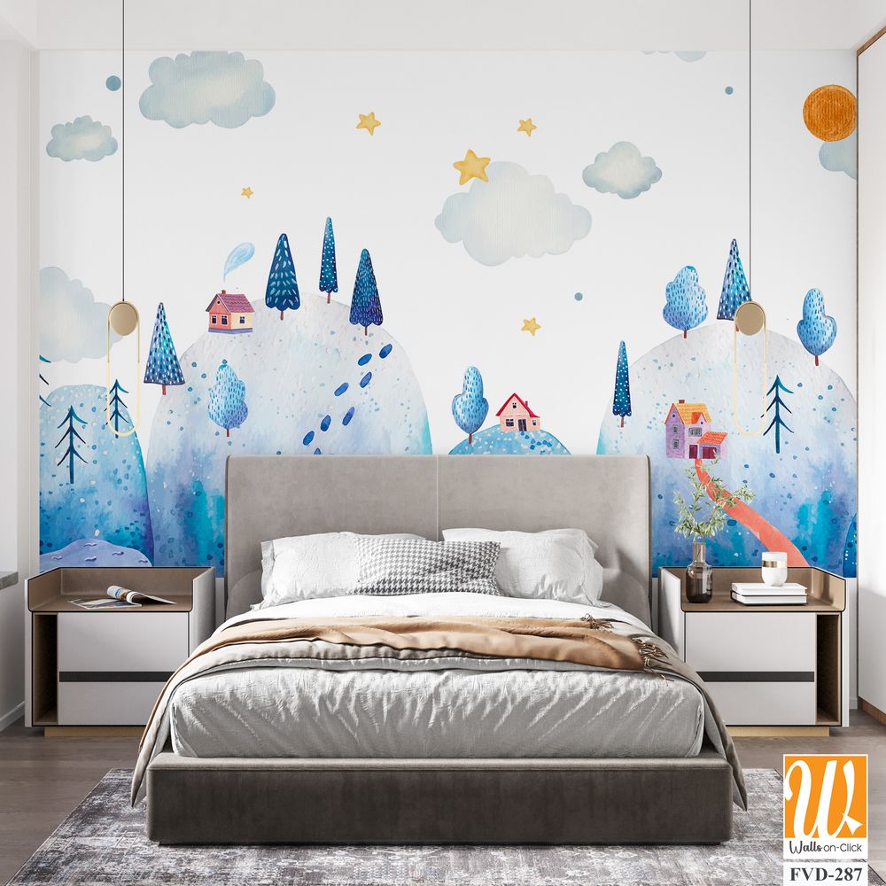 Cute, hand-drawn, blue watercolor winter landscape [WP-FVD-287]
