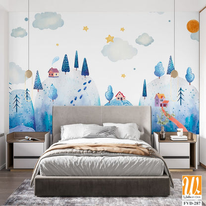 Cute, hand-drawn, blue watercolor winter landscape [WP-FVD-287]