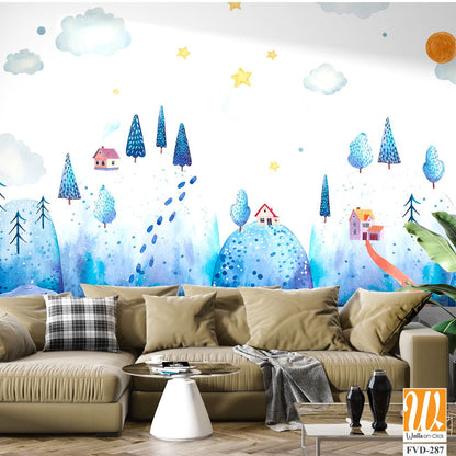 Cute, hand-drawn, blue watercolor winter landscape [WP-FVD-287]