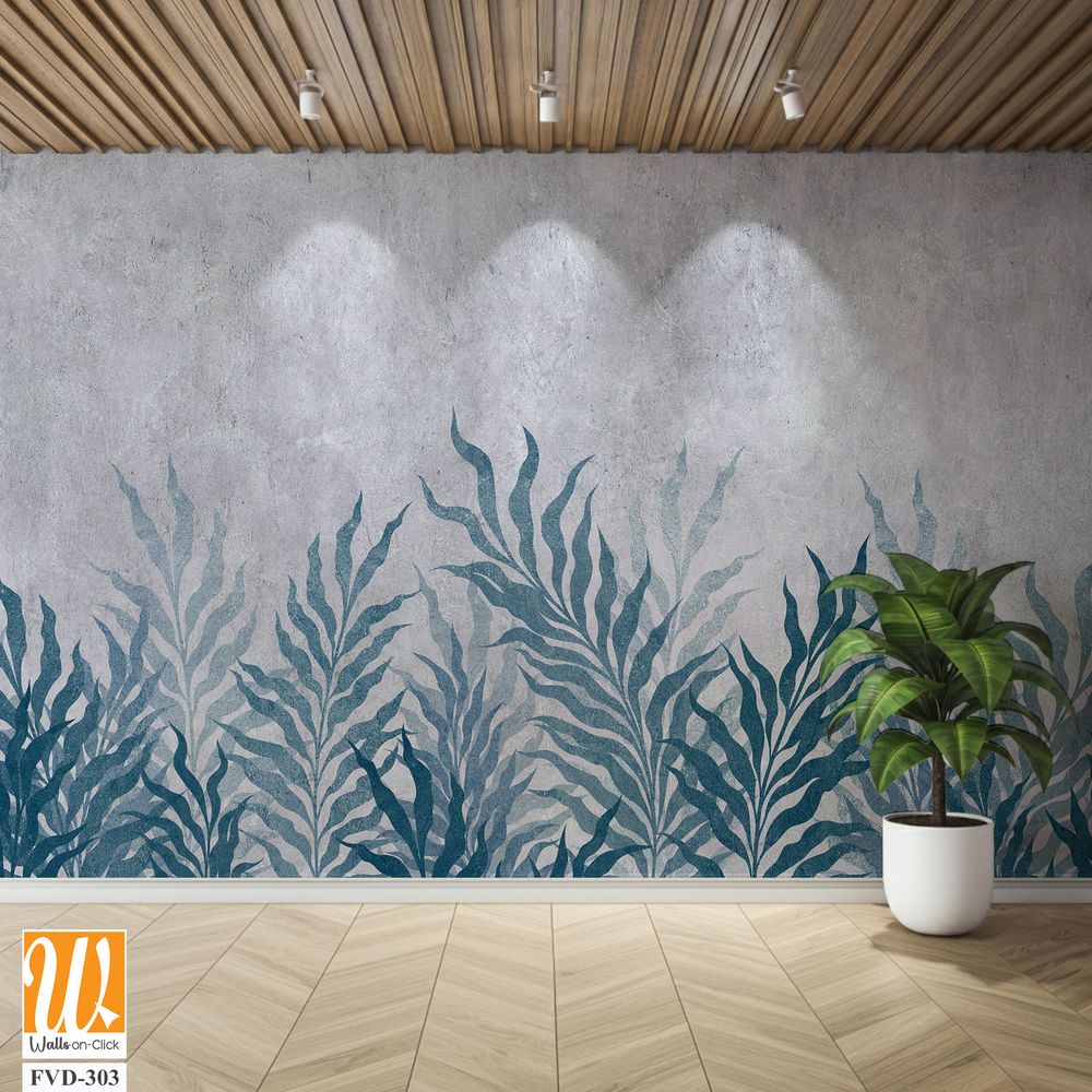 Blue and grey watercolor foliage pattern on concrete [WP-FVD-303]