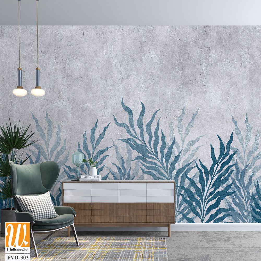 Blue and grey watercolor foliage pattern on concrete [WP-FVD-303]