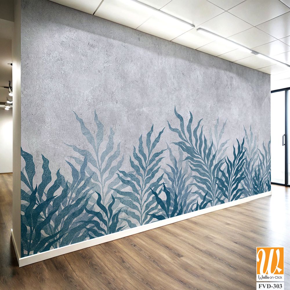 Blue and grey watercolor foliage pattern on concrete [WP-FVD-303]