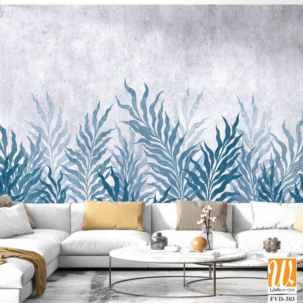Blue and grey watercolor foliage pattern on concrete [WP-FVD-303]
