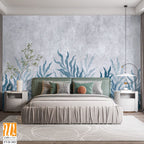 Blue and grey watercolor foliage pattern on concrete [WP-FVD-303]