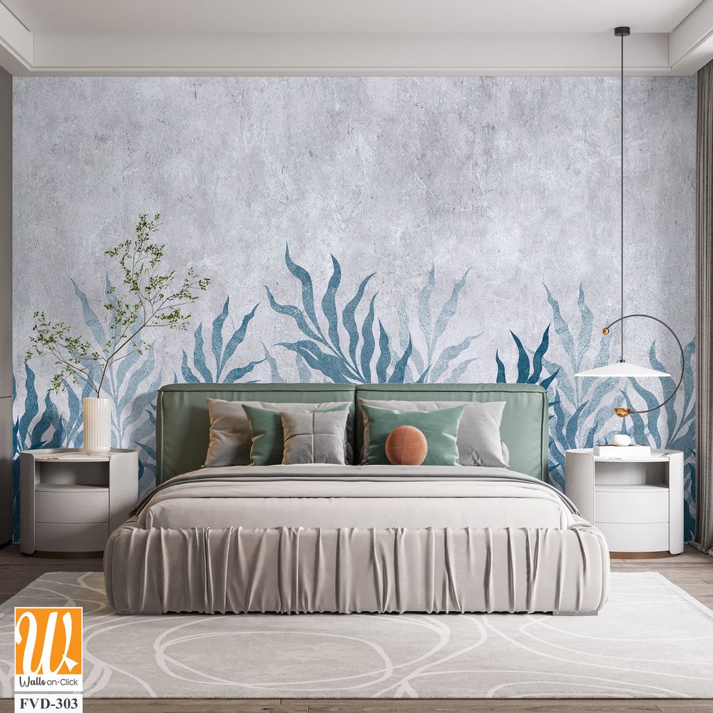 Blue and grey watercolor foliage pattern on concrete [WP-FVD-303]