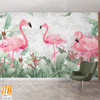Flamingos in tropical plants on a textured background in light colors in a watercolor style [WP-FVD-479]