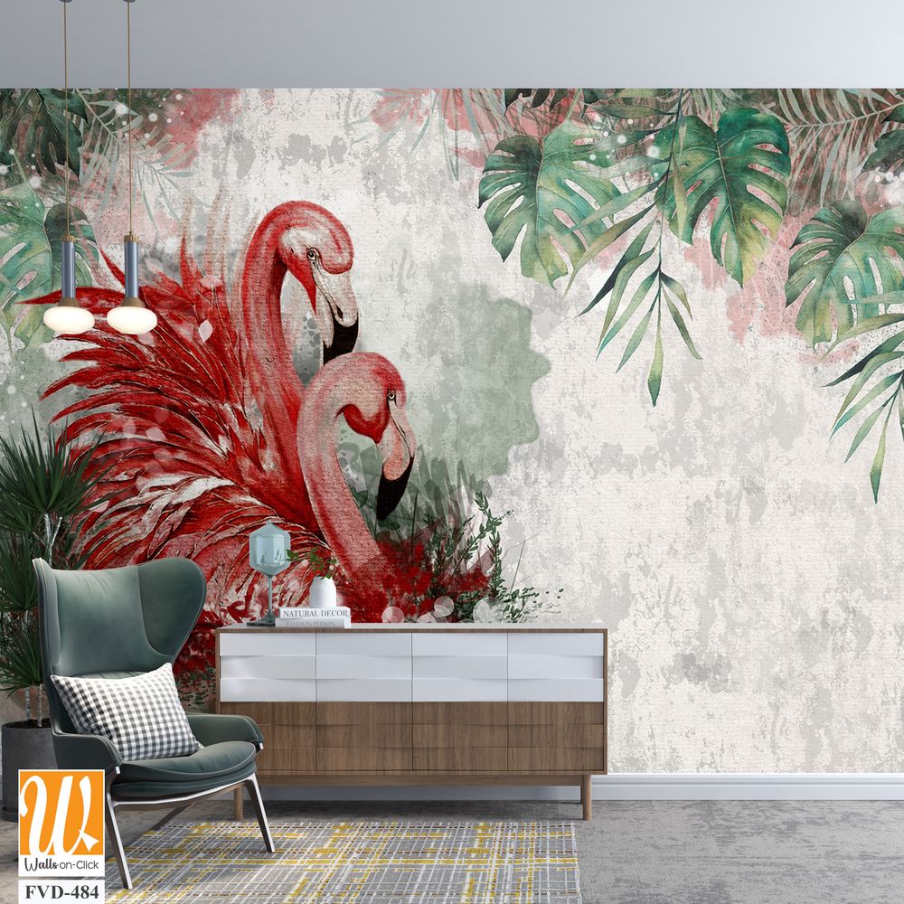 Tropical flamingos photo wallpaper in the room [WP-FVD-484]