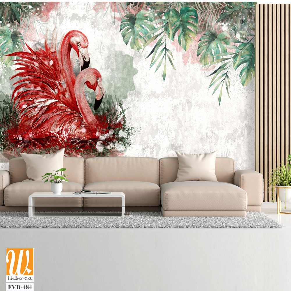 Tropical flamingos photo wallpaper in the room [WP-FVD-484]