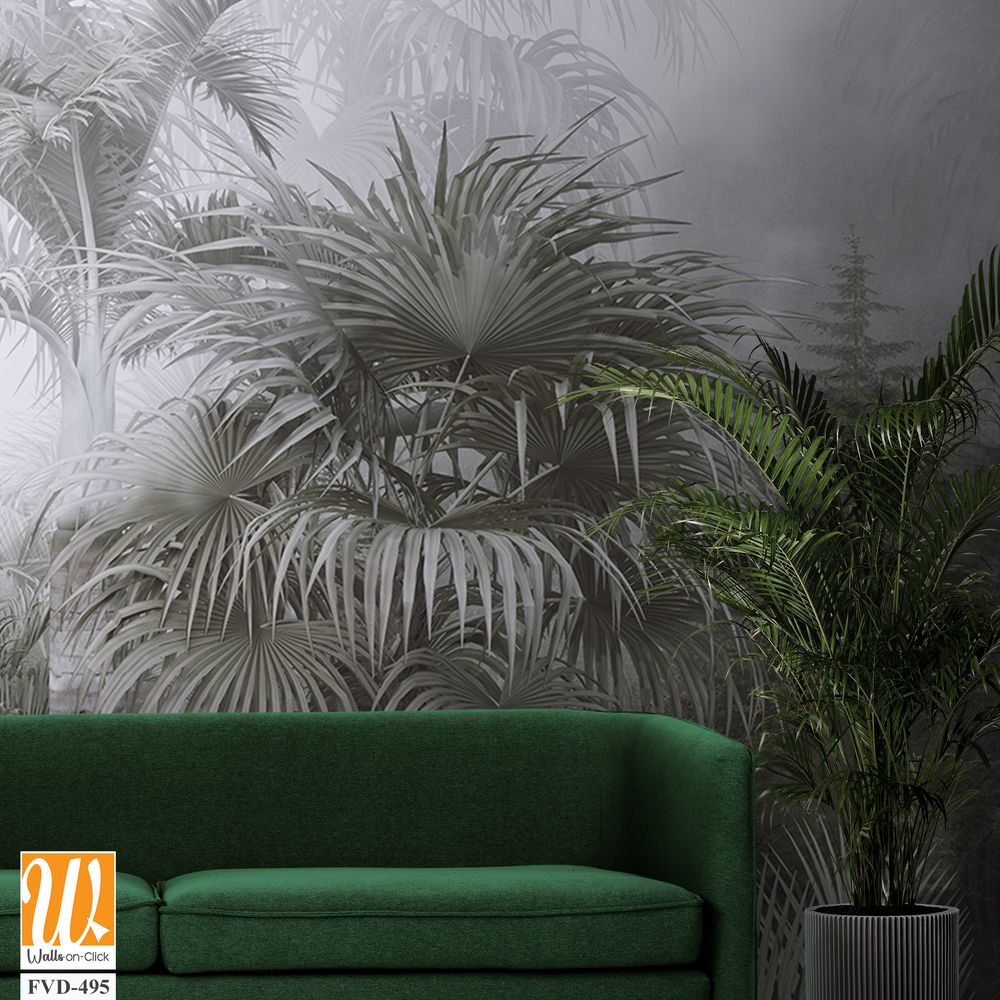 A foggy jungle with palm trees, monochrome [WP-FVD-495]