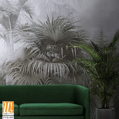 A foggy jungle with palm trees, monochrome [WP-FVD-495]