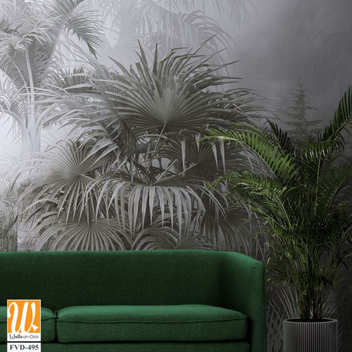 A foggy jungle with palm trees, monochrome [WP-FVD-495]