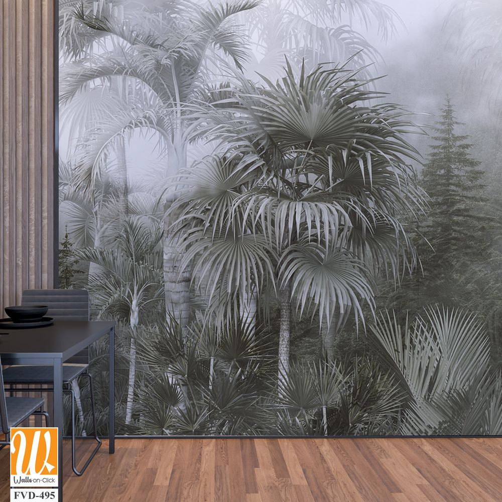 A foggy jungle with palm trees, monochrome [WP-FVD-495]