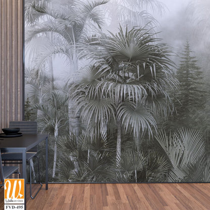 A foggy jungle with palm trees, monochrome [WP-FVD-495]